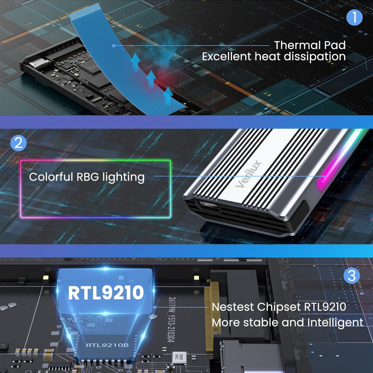 Verilux RGB M.2 NVMe SSD Enclosure, USB-C 3.1 Gen 2 10Gbps, Aluminum SSD Case, UASP & Trim Support, for 2230-2280 Sizes, Plug & Play for Laptop/PS4/Smartphone, Up to 2TB - No SSD Included Verilux RGB M.2 NVMe SSD Enclosure, USB-C 3.1 Gen 2 10Gbps, Aluminum SSD Case, UASP & Trim Support, for 2230-2280 Sizes, Plug & Play for Laptop/PS4/Smartphone, Up to 2TB - No SSD Included